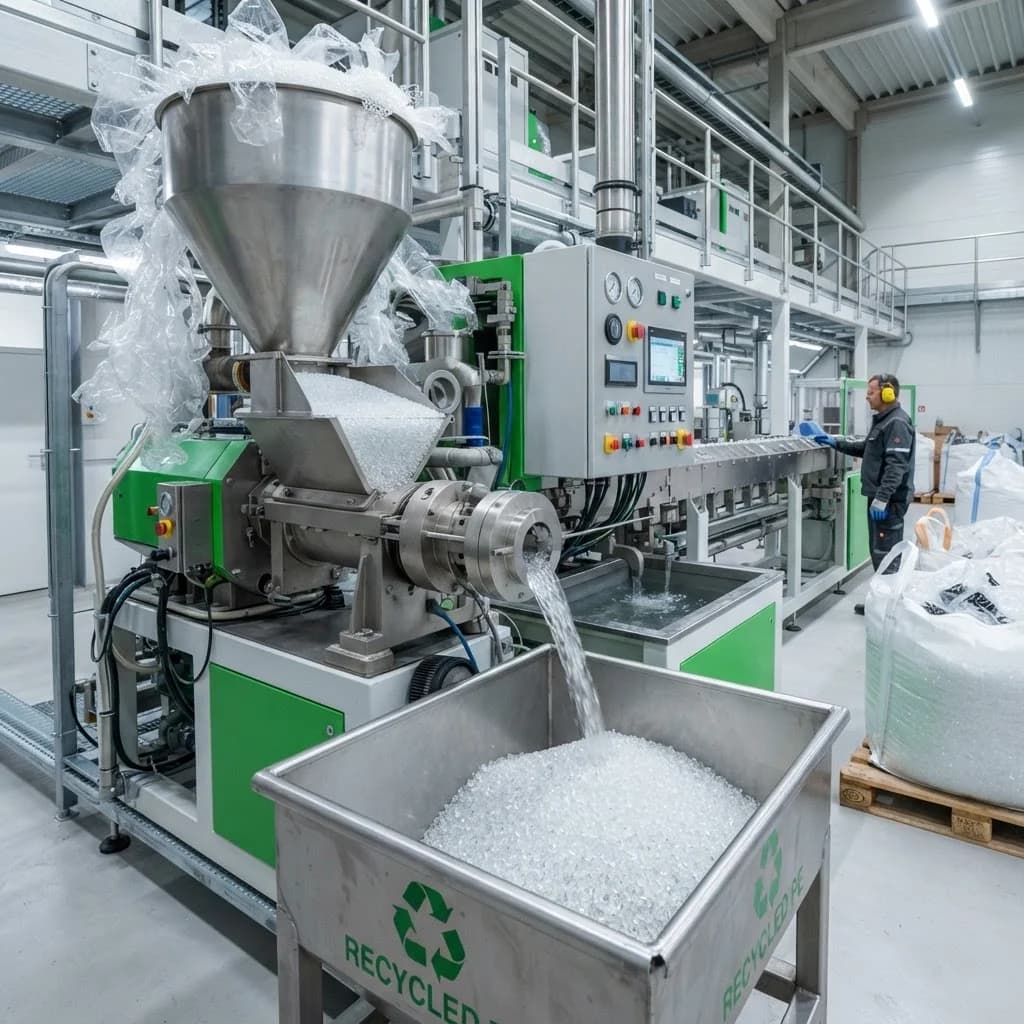 Recycled polyethylene granules and film processed for reuse