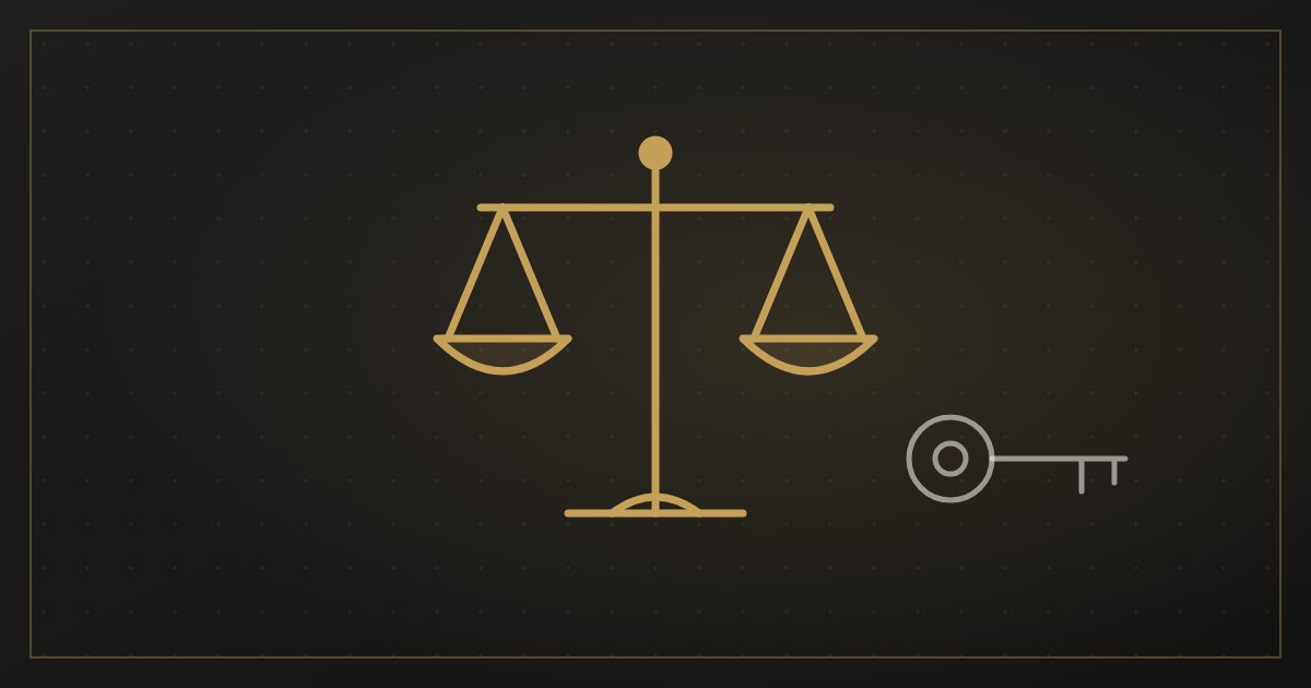 Illustration of the scales of justice beside a key