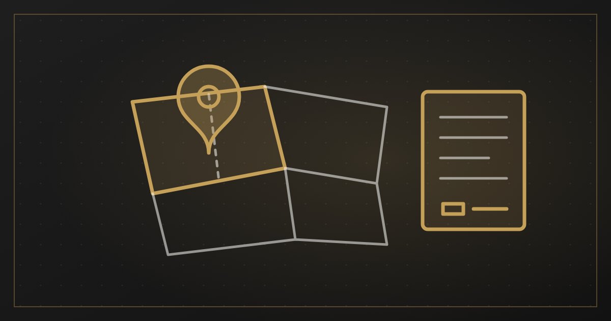 Illustration of a survey map with land parcels, a pin and a record of rights