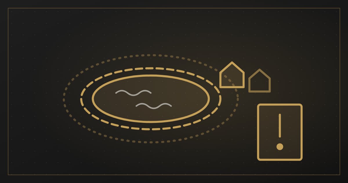 Illustration of a lake with its full tank level line, a buffer zone and houses nearby