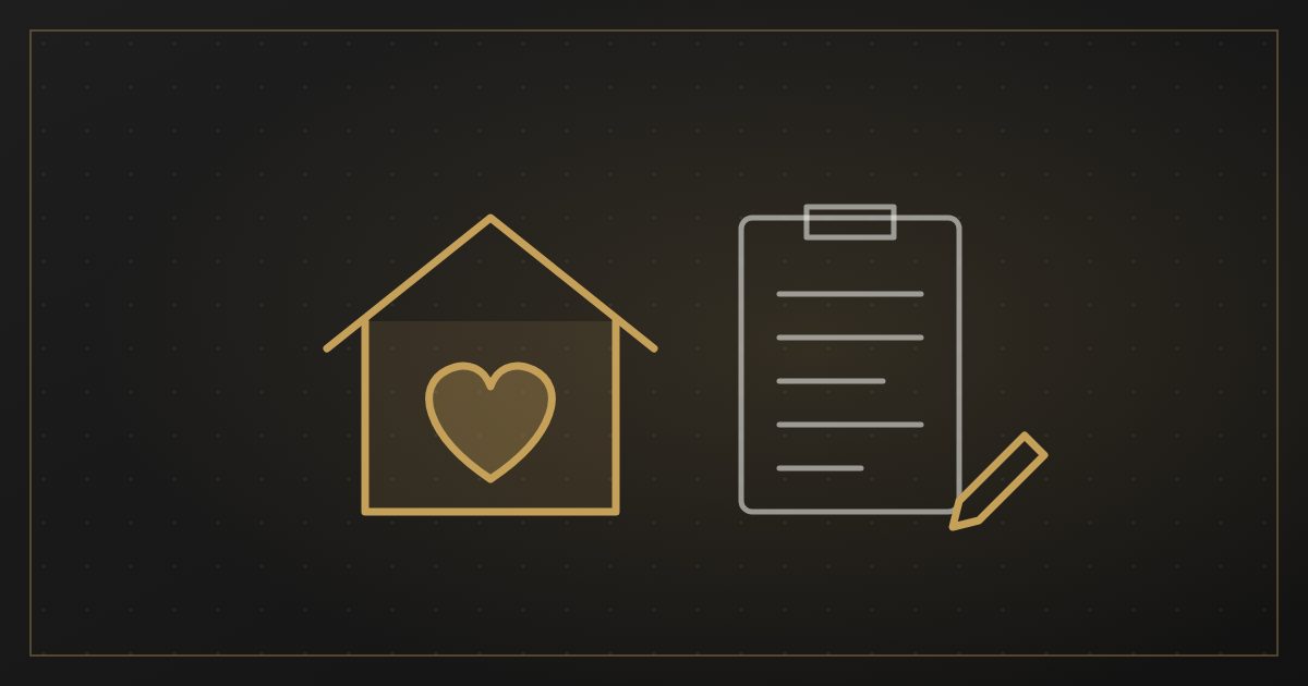 Illustration of a home with a heart beside a note-taking clipboard