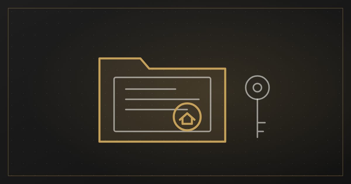 Illustration of a property document folder with a house seal and a key