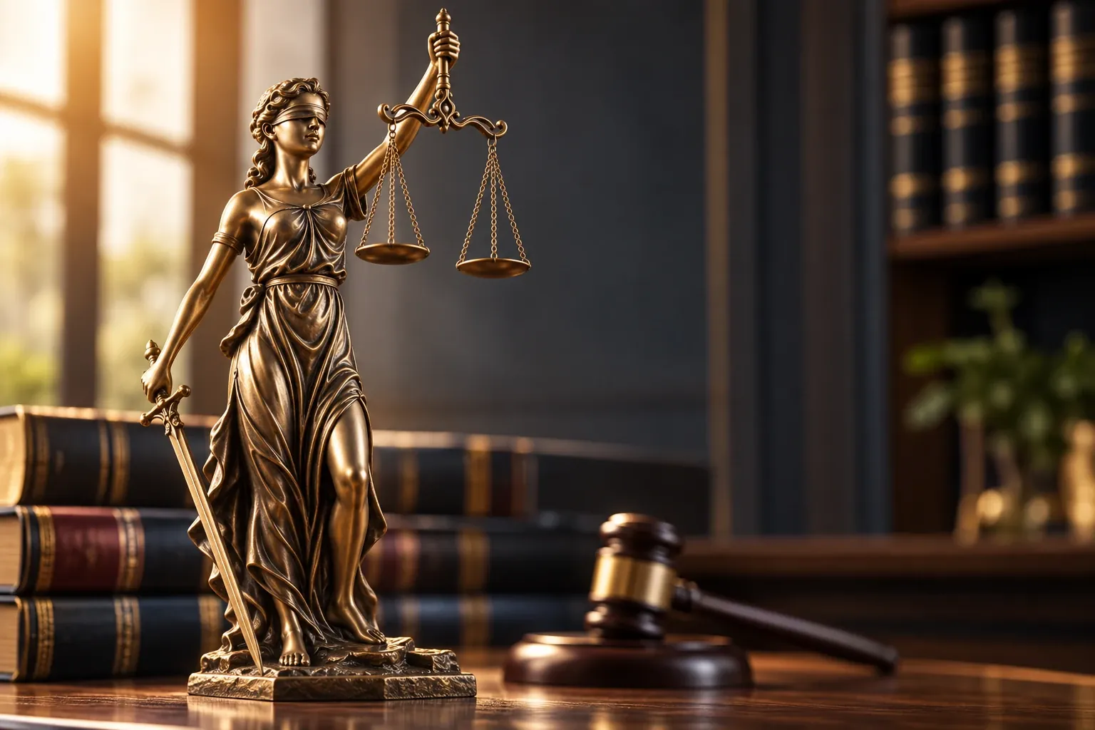 Bronze statue of Lady Justice holding the scales and a sword, beside law books and a gavel